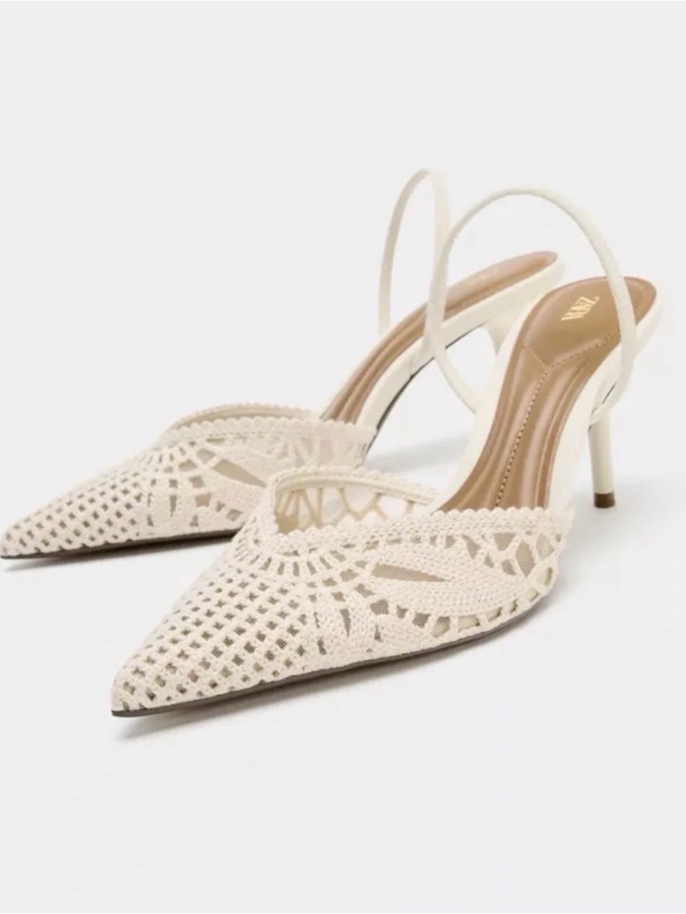 Zara Ivory Crochet Pointed Slingback Heels